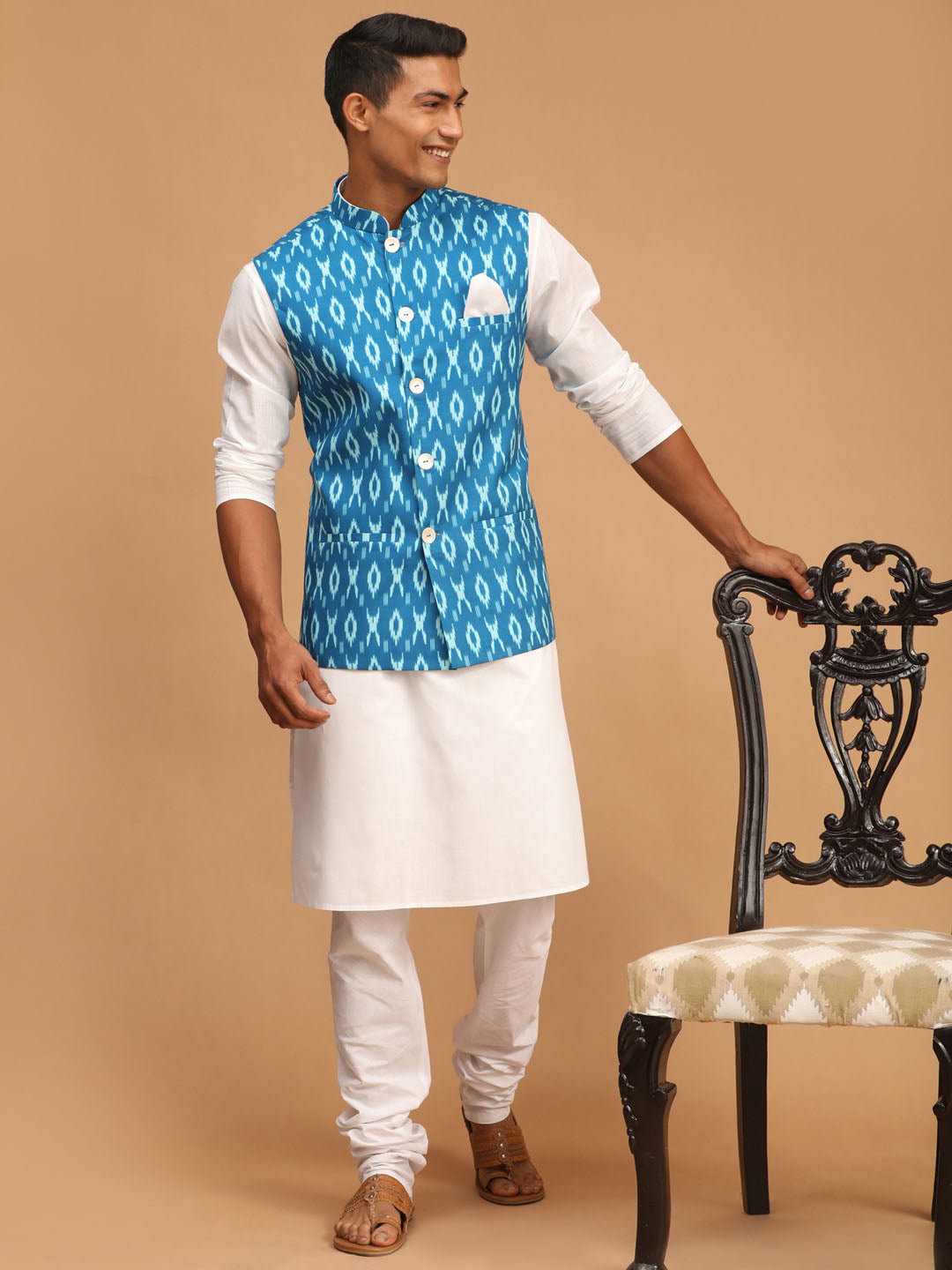Men's Turquoise Cotton Nehru Jacket With White Kurta And Pyjama Set