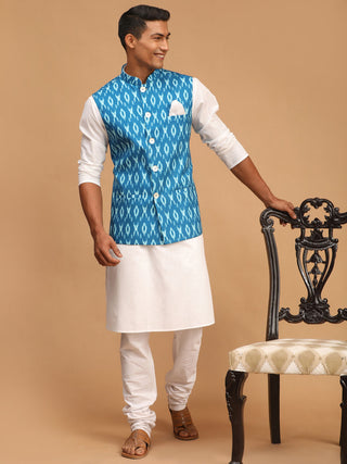 VASTRAMAY Men's Turquoise Cotton Nehru Jacket With White Kurta And Pyjama Set
