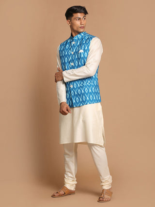 VASTRAMAY Men's Turquoise Cotton Nehru Jacket  With Cream Kurta And Pyjama Set