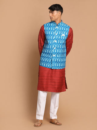 VASTRAMAY Men's Turquoise Cotton Nehru Jacket  With Maroon Kurta And Pant Set