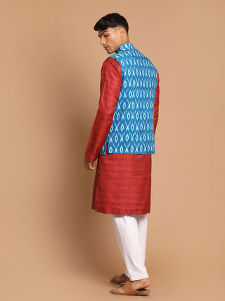 VASTRAMAY Men's Turquoise Cotton Nehru Jacket  With Maroon Kurta And Pant Set