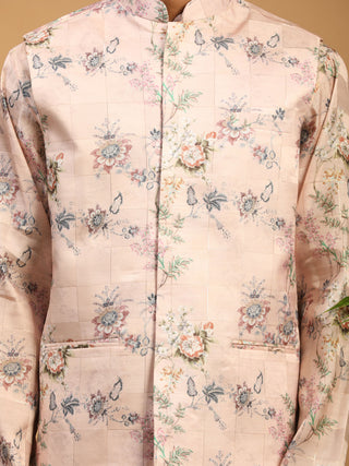 VASTRAMAY Light Pink Floral Print Nehru Jacket And Pink Printed Kurta With Cream Pyjama Set
