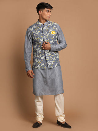 VASTRAMAY Men's Gray Floral Print Nehru Jacket