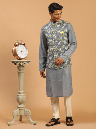 VASTRAMAY Men's Grey Printed Nehru Jacket And kurta With Cream Viscose Pant Set