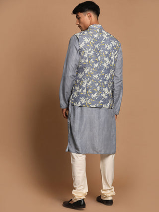 VASTRAMAY Men's Grey Printed Nehru Jacket And kurta With Cream Pyjama Set