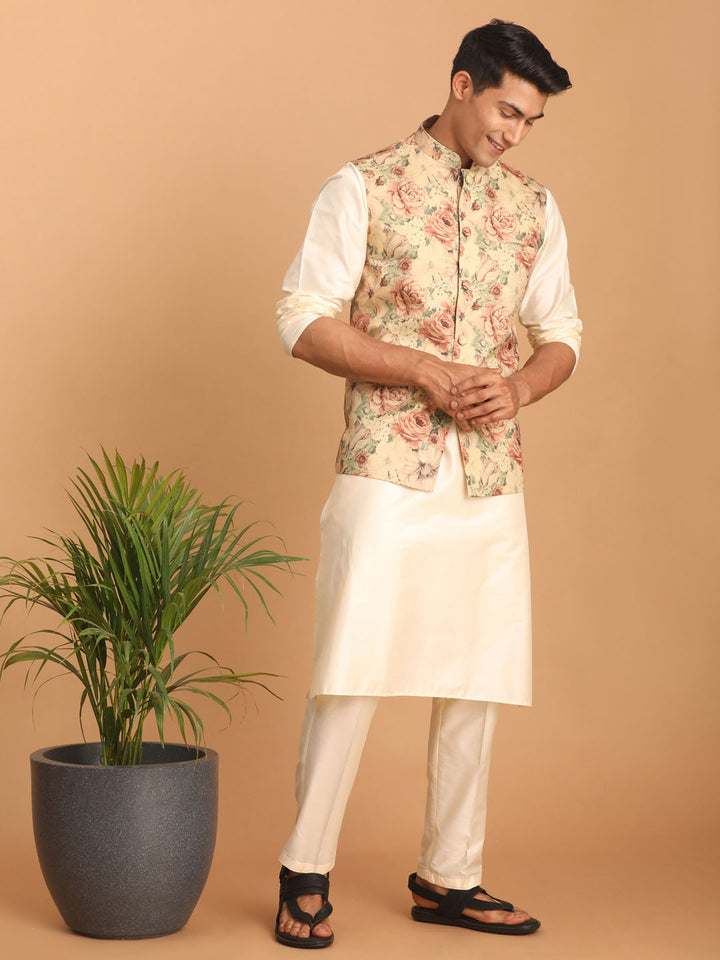 Demo Beige Printed Nehru Jacket And Cream Solid Kurta With Pant Set