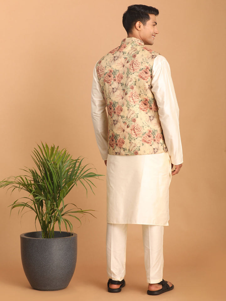 Demo Beige Printed Nehru Jacket And Cream Solid Kurta With Pant Set