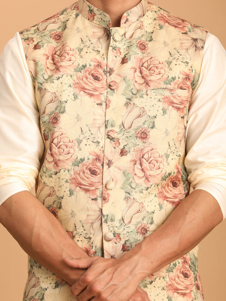 Demo Beige Printed Nehru Jacket And Cream Solid Kurta With Pant Set
