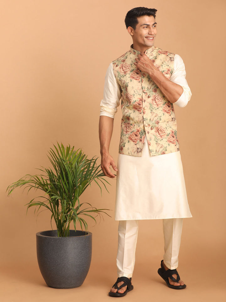 Demo Beige Printed Nehru Jacket And Cream Solid Kurta With Pant Set