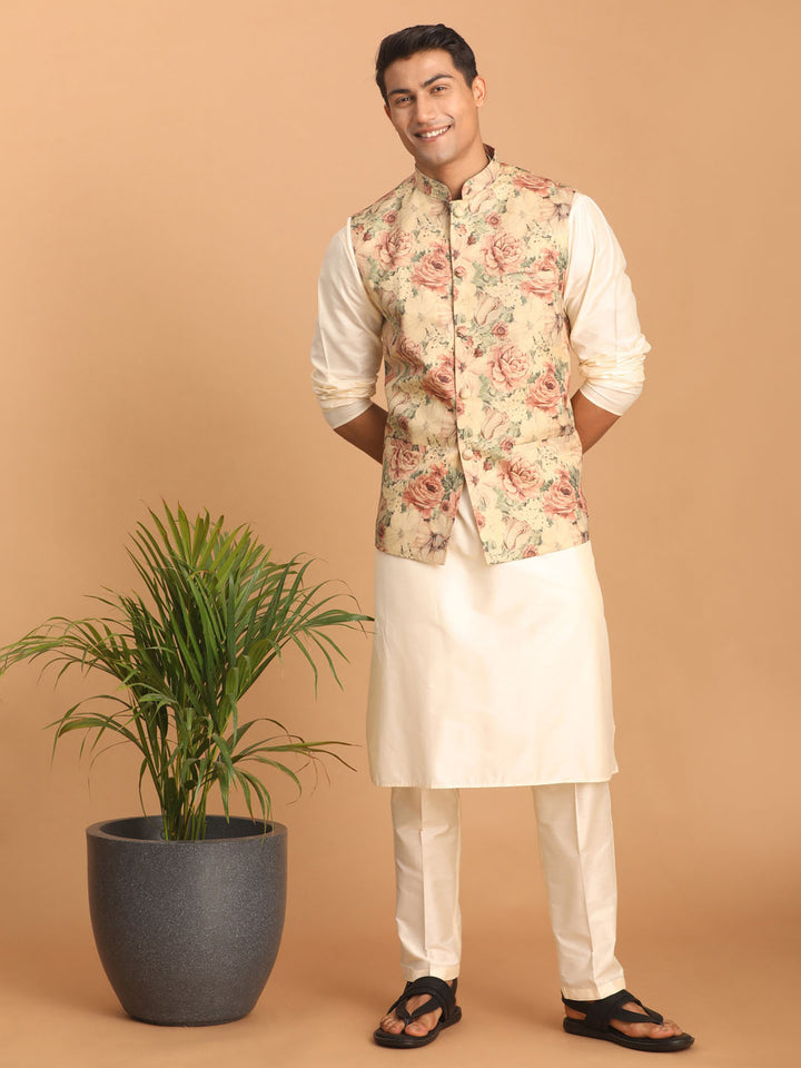 Demo Beige Printed Nehru Jacket And Cream Solid Kurta With Pant Set