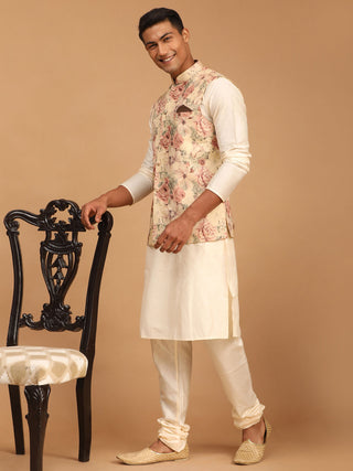 VASTRAMAY Beige Printed Nehru Jacket And Cream Solid Kurta With Pyjama Set