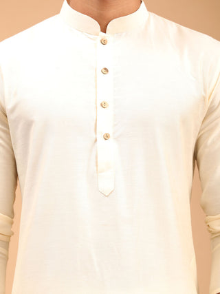 VASTRAMAY Beige Printed Nehru Jacket And Cream Solid Kurta With Pyjama Set