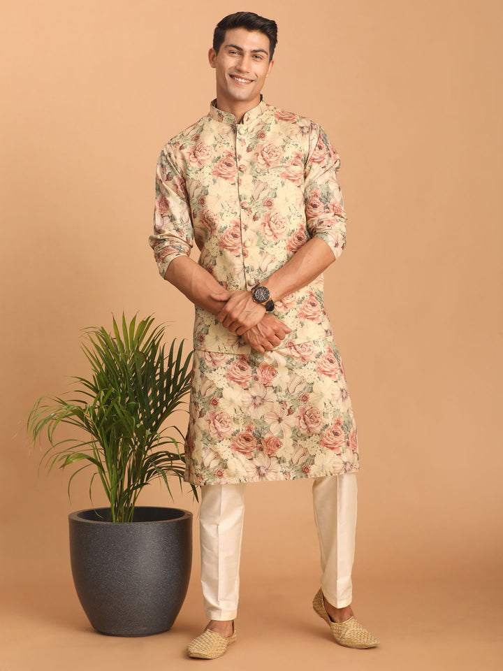 Beige Printed Nehru Jacket And Kurta With Cream Solid Viscose Pant Set
