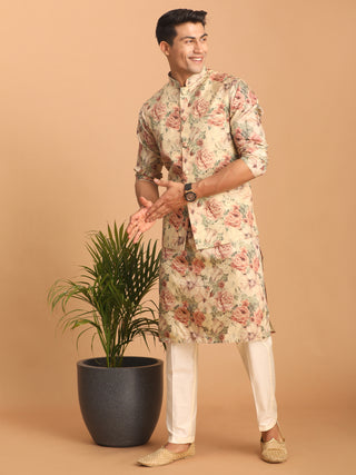 VASTRAMAY Beige Printed Nehru Jacket And kurta With Cream Solid Viscose Pant Set