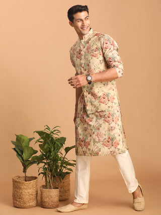 VASTRAMAY Beige Printed Nehru Jacket And kurta With Cream Solid Viscose Pant Set