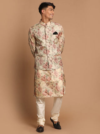 VASTRAMAY Beige Printed Nehru Jacket And kurta With Cream Solid Pyjama Set