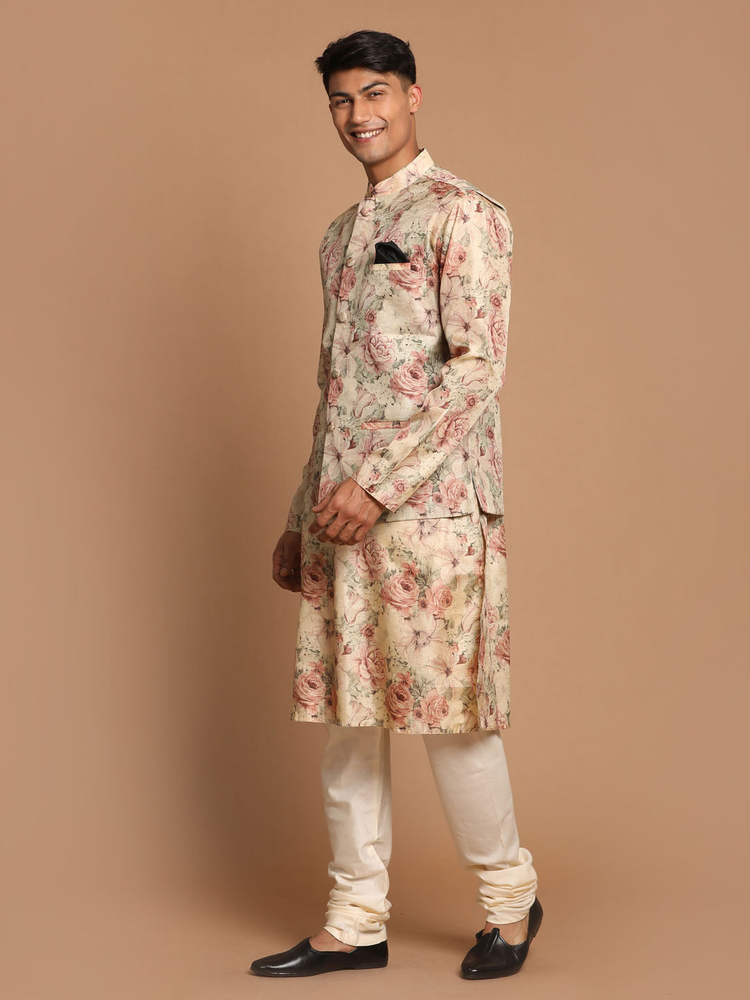 Beige Printed Nehru Jacket And Kurta With Cream Solid Pyjama Set