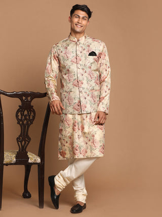 VASTRAMAY Beige Printed Nehru Jacket And kurta With Cream Solid Pyjama Set
