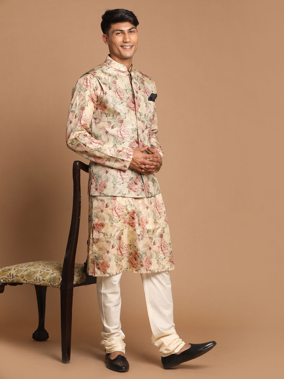 Beige Printed Nehru Jacket And Kurta With Cream Solid Pyjama Set