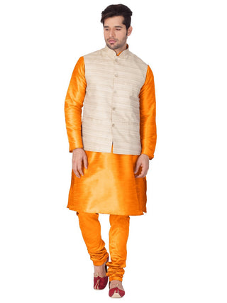 Men's Orange Cotton Silk Blend Kurta, Ethnic Jacket and Pyjama Set