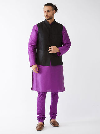 VASTRAMAY Men's Black Silk Blend Jacket, Purple Kurta and Pyjama Set