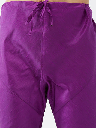 VASTRAMAY Men's Black Silk Blend Jacket, Purple Kurta and Pyjama Set