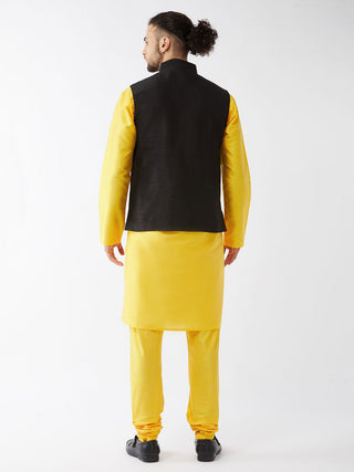 VASTRAMAY Men's Black Silk Blend Ethnic Jacket, Yellow Kurta and Pyjama Set