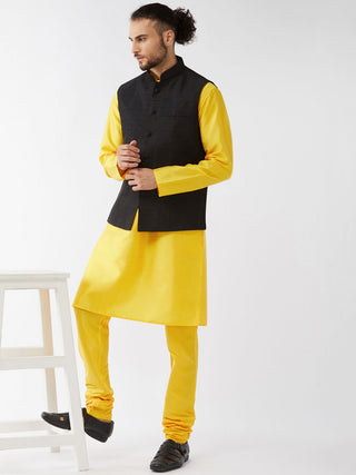VASTRAMAY Men's Black Silk Blend Ethnic Jacket, Yellow Kurta and Pyjama Set