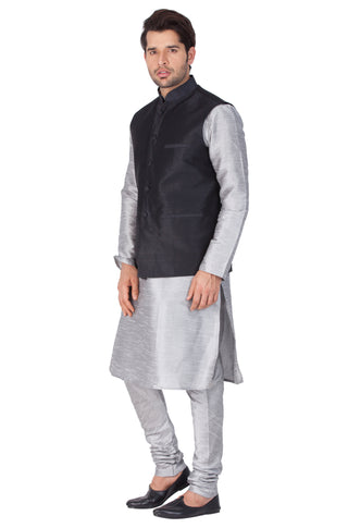 Men's Grey Cotton Silk Blend Kurta, Ethnic Jacket and Pyjama Set
