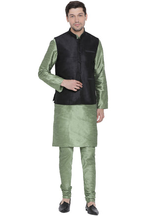 Men's Light Green Cotton Silk Blend Kurta, Ethnic Jacket and Pyjama Set