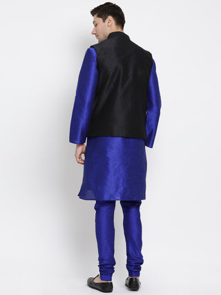 Men's Blue Cotton Silk Blend Kurta, Ethnic Jacket and Pyjama Set