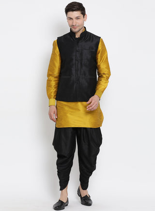 Men's Yellow Cotton Silk Blend Ethnic Jacket, Kurta and Dhoti Pant Set