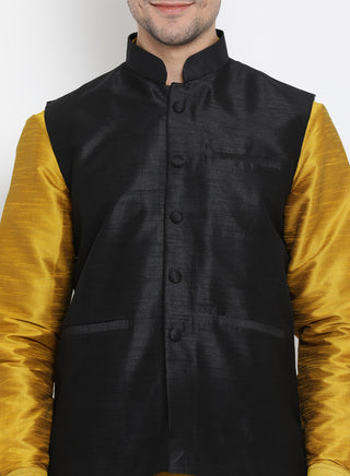 Men's Yellow Cotton Silk Blend Ethnic Jacket, Kurta and Dhoti Pant Set