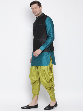 Men's Dark Green Cotton Silk Blend Ethnic Jacket, Kurta and Dhoti Pant Set