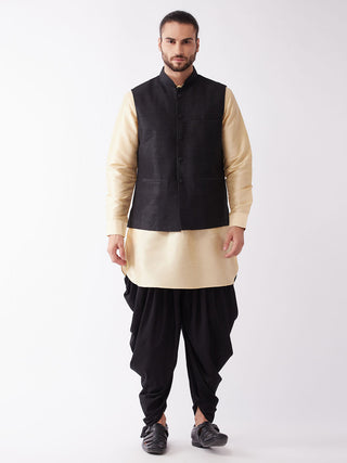 VM By VASTRAMAY Men's Black And Gold Silk Blend Ethnic Jacket, Kurta and Dhoti Set