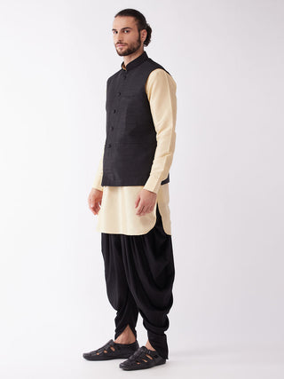 VM By VASTRAMAY Men's Black And Gold Silk Blend Ethnic Jacket, Kurta and Dhoti Set