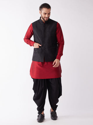 VASTRAMAY Men's Black And Maroon Silk Blend Ethnic Jacket, Kurta and Dhoti Set