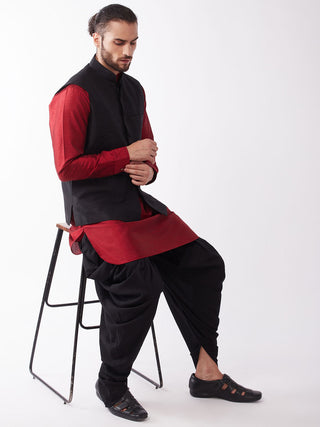VASTRAMAY Men's Black And Maroon Silk Blend Ethnic Jacket, Kurta and Dhoti Set