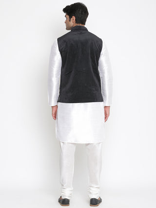 Men's Silk Blend Kurta And Pyjama With Black Polka Nehru Jacket