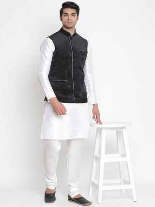 Men's Silk Blend Kurta And Pyjama With Black Polka Nehru Jacket