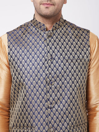 VM BY VASTRAMAY Men's Rose Gold Silk Blend Kurta And Pyjama With Blue Woven Nehru Jacket