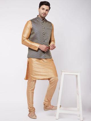 VM BY VASTRAMAY Men's Rose Gold Silk Blend Kurta And Pyjama With Blue Woven Nehru Jacket