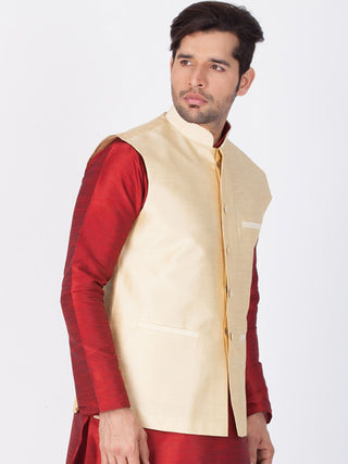 VASTRAMAY Men's Gold Cotton Silk Blend Ethnic Jacket