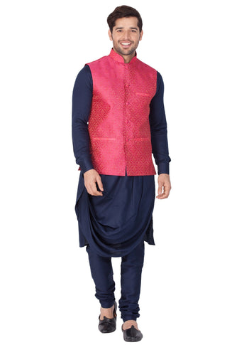 Men's Blue Cotton Silk Blend Kurta, Ethnic Jacket and Pyjama Set