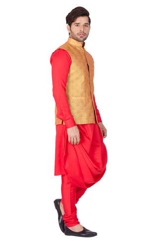 Men's Red Cotton Silk Blend Kurta, Ethnic Jacket and Pyjama Set
