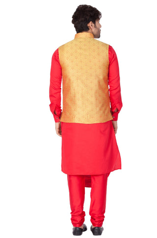 Men's Red Cotton Silk Blend Kurta, Ethnic Jacket and Pyjama Set