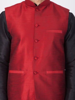 VASTRAMAY Men's Black Cotton Silk Blend Kurta, Ethnic Jacket and Pyjama Set