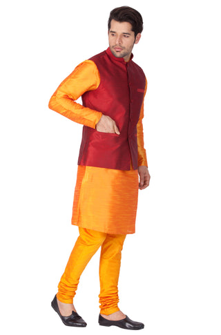 Men's Orange Cotton Silk Blend Kurta, Ethnic Jacket and Pyjama Set