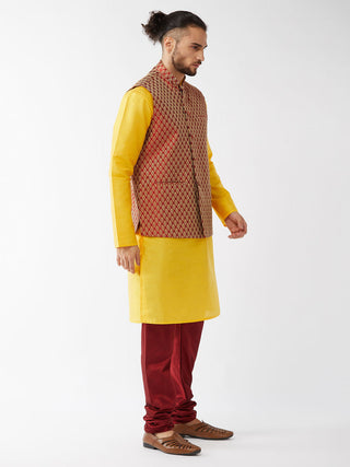 VM BY VASTRAMAY Men's Maroon Silk Blend Ethnic Jacket, Yellow Kurta and Maroon Pyjama Set