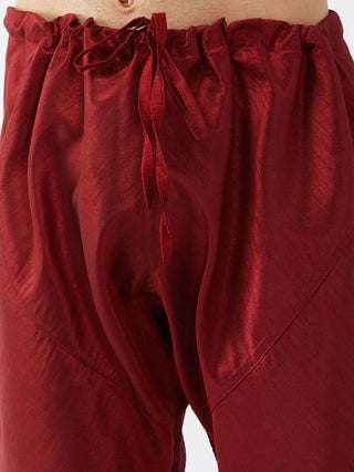 VM BY VASTRAMAY Men's  Maroon Silk Blend Ethnic Jacket, Black Kurta and Maroon Pyjama Set